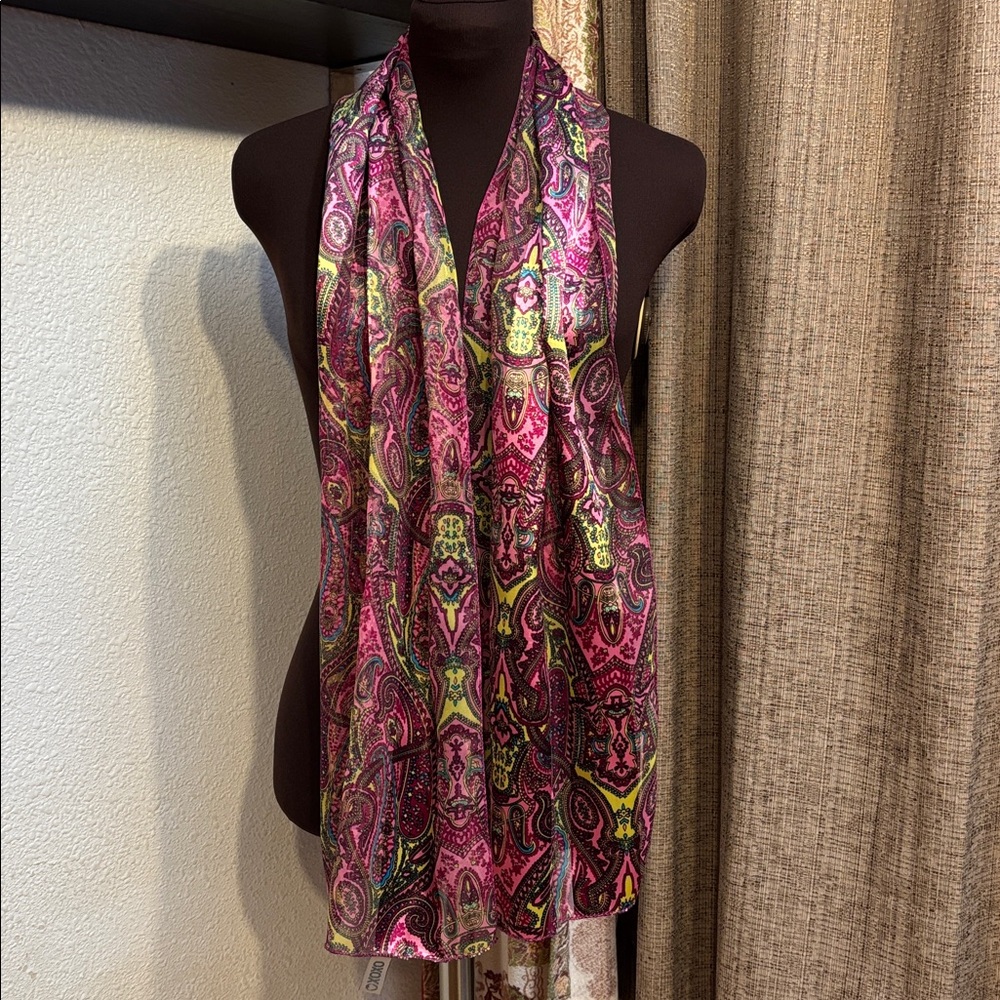 XOXO elegant semi-sheer pink and green paisley floral scarf.
